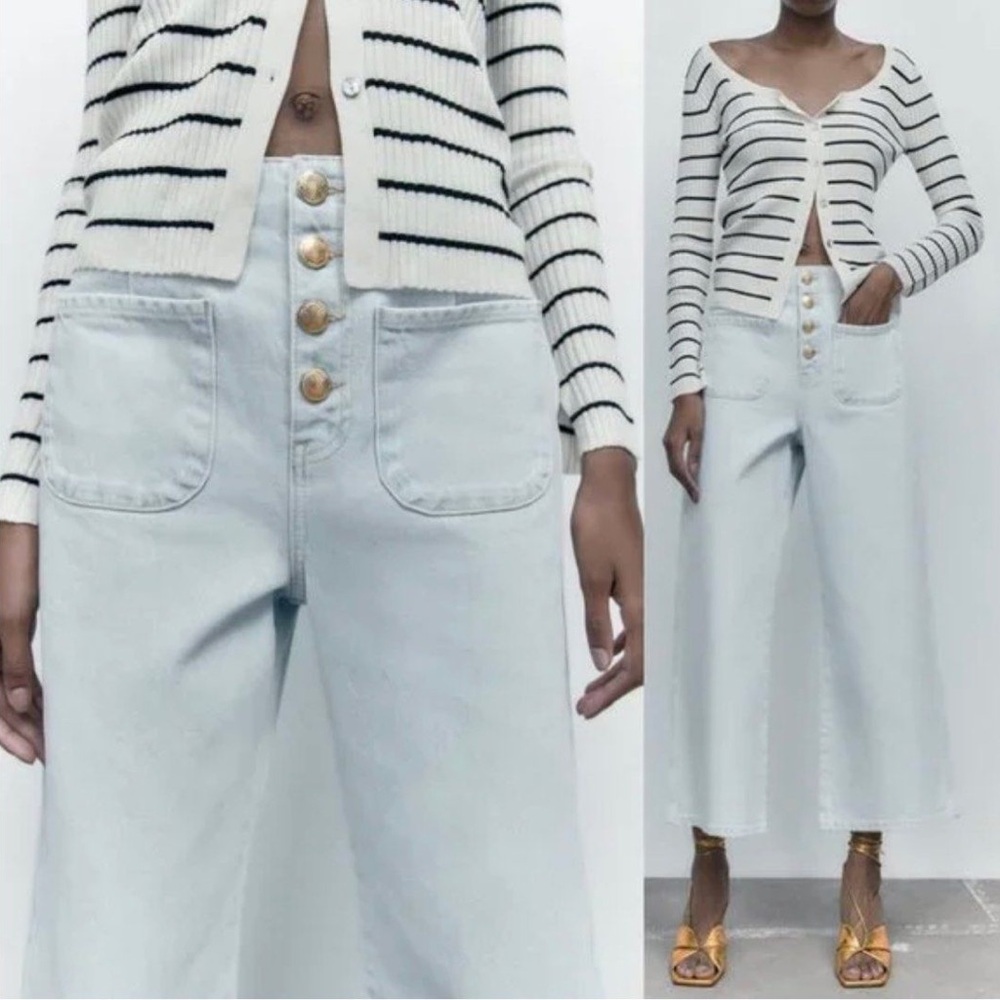 Zara Light Wash High Waisted Button Fly Wide Leg Crop Denim Jeans Size 0